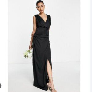 Liquorish Satin Wrap Front Maxi Dress In Black